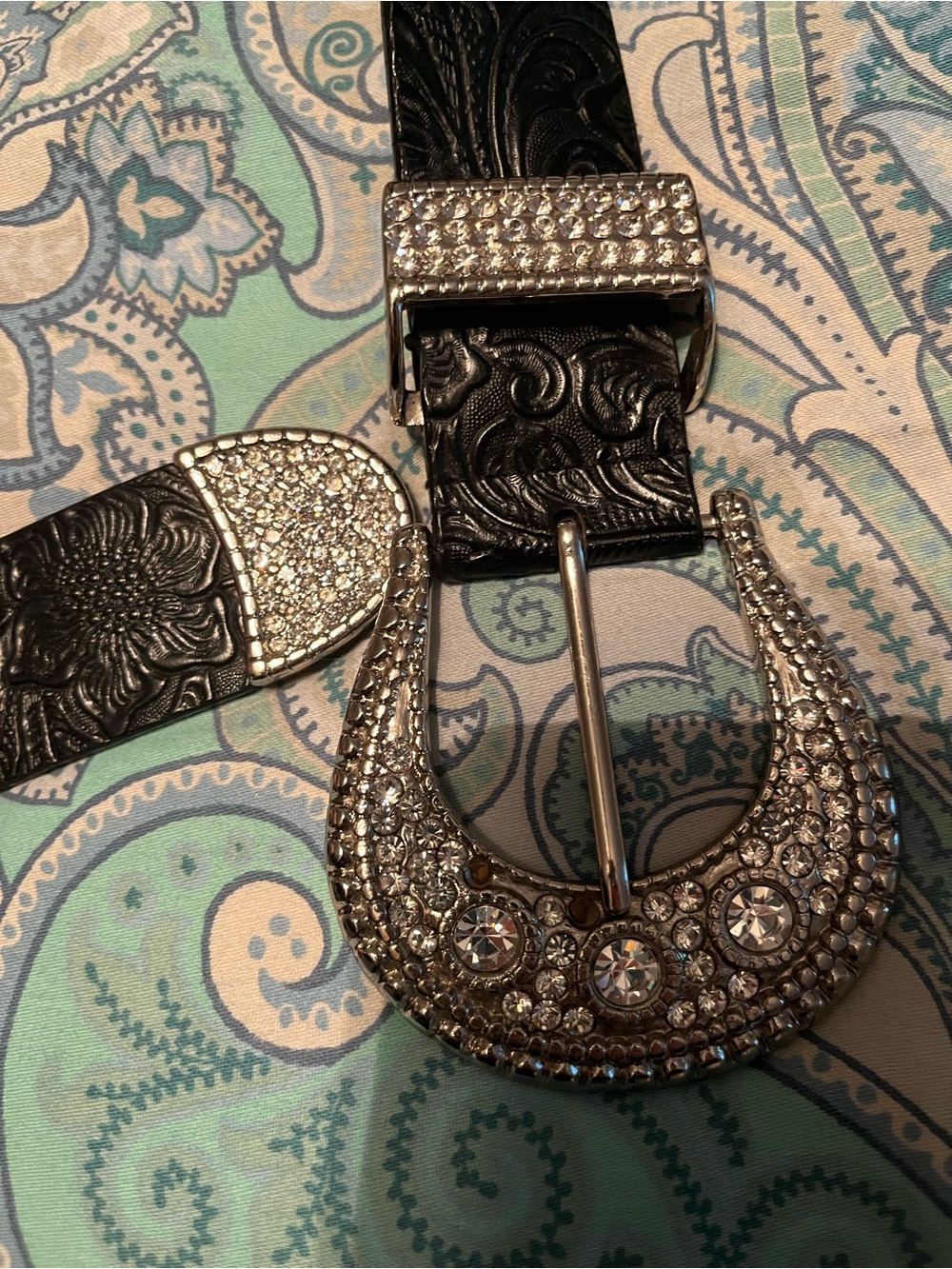Chico's Black Embossed Leather Belt with Rhinestone Western Buckle